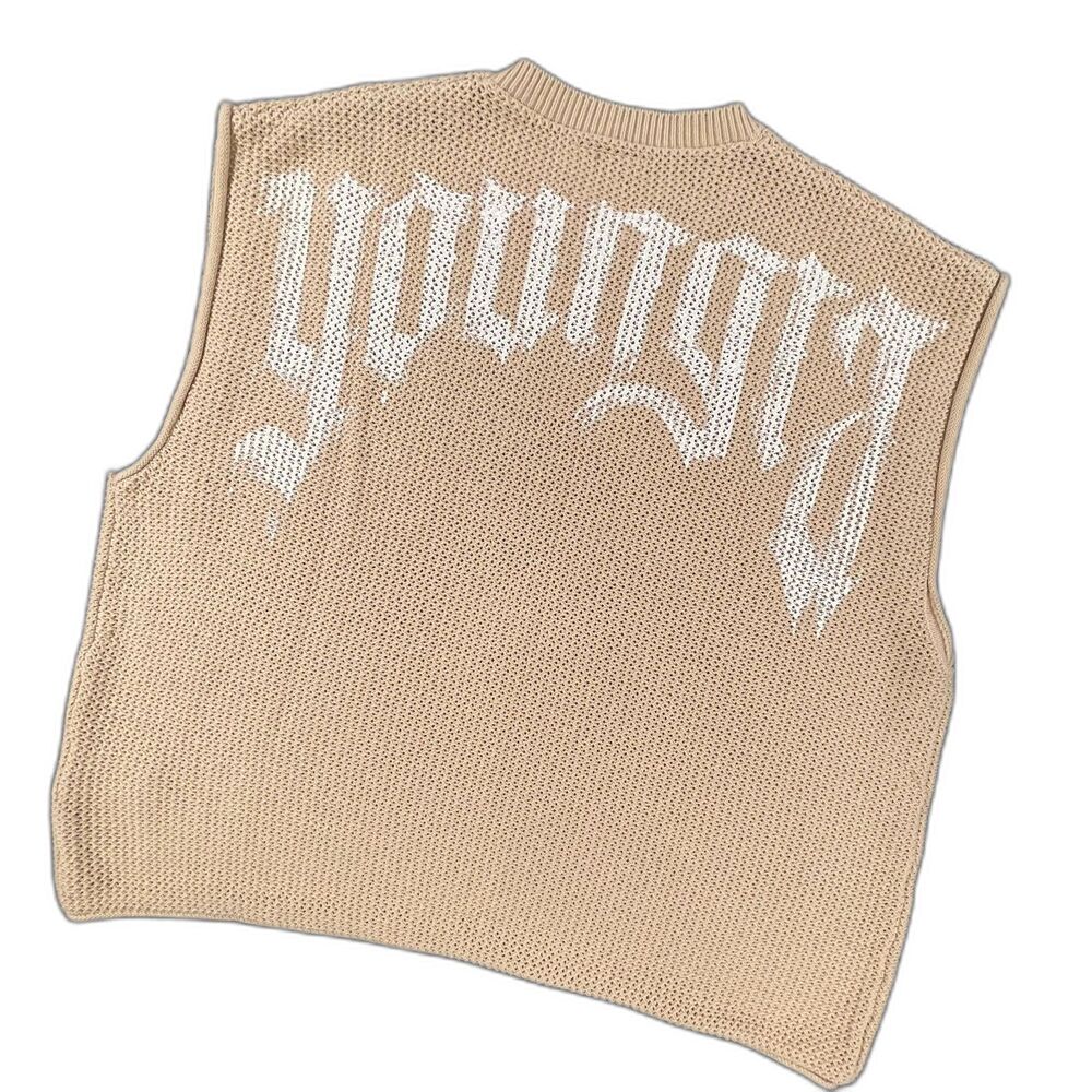 YoungLA Open Knit Sweater Vest Medium Tan Gothic Back Logo Casual Gym Streetwear